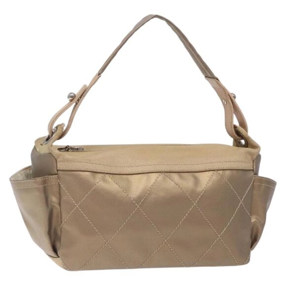 CHANEL Paris Biarritz Shoulder Bag Coated Canvas Beige Silver CC Auth BA4004 - Picture 1 of 15